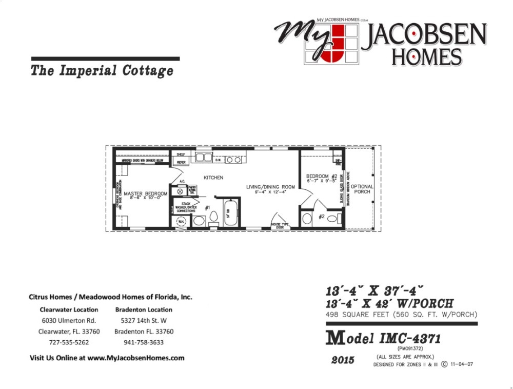 498 SQ. FT. | 2 Bedroom | 2 Bath } 13’4″ x 37’4″